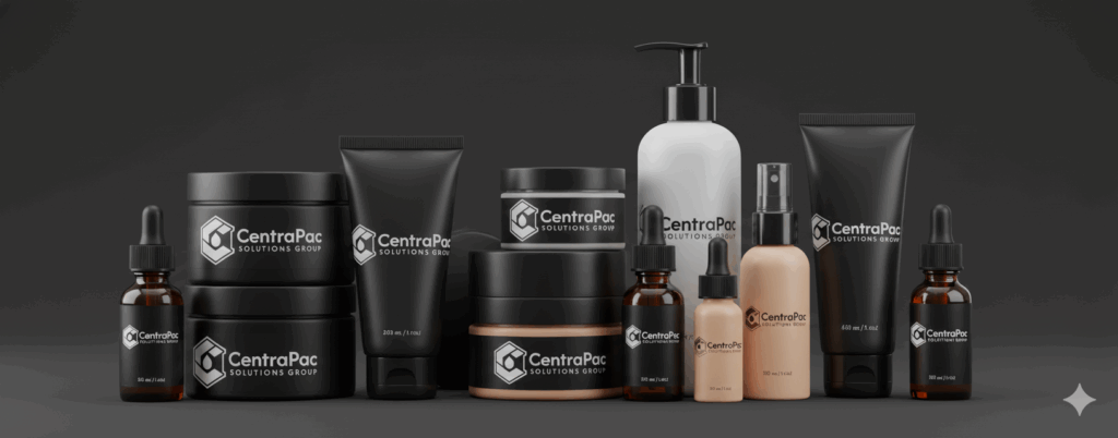 Line of cosmetic products including jars, sqeeze tubes, pumps and droppers.