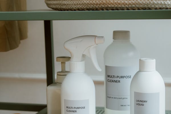 A neatly arranged collection of cleaning supplies on a metal shelf.